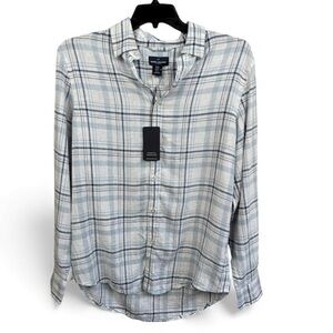 Daniel Hechter White Blue Plaid Long Sleeve Button-Up Shirt Linen Blend Size M